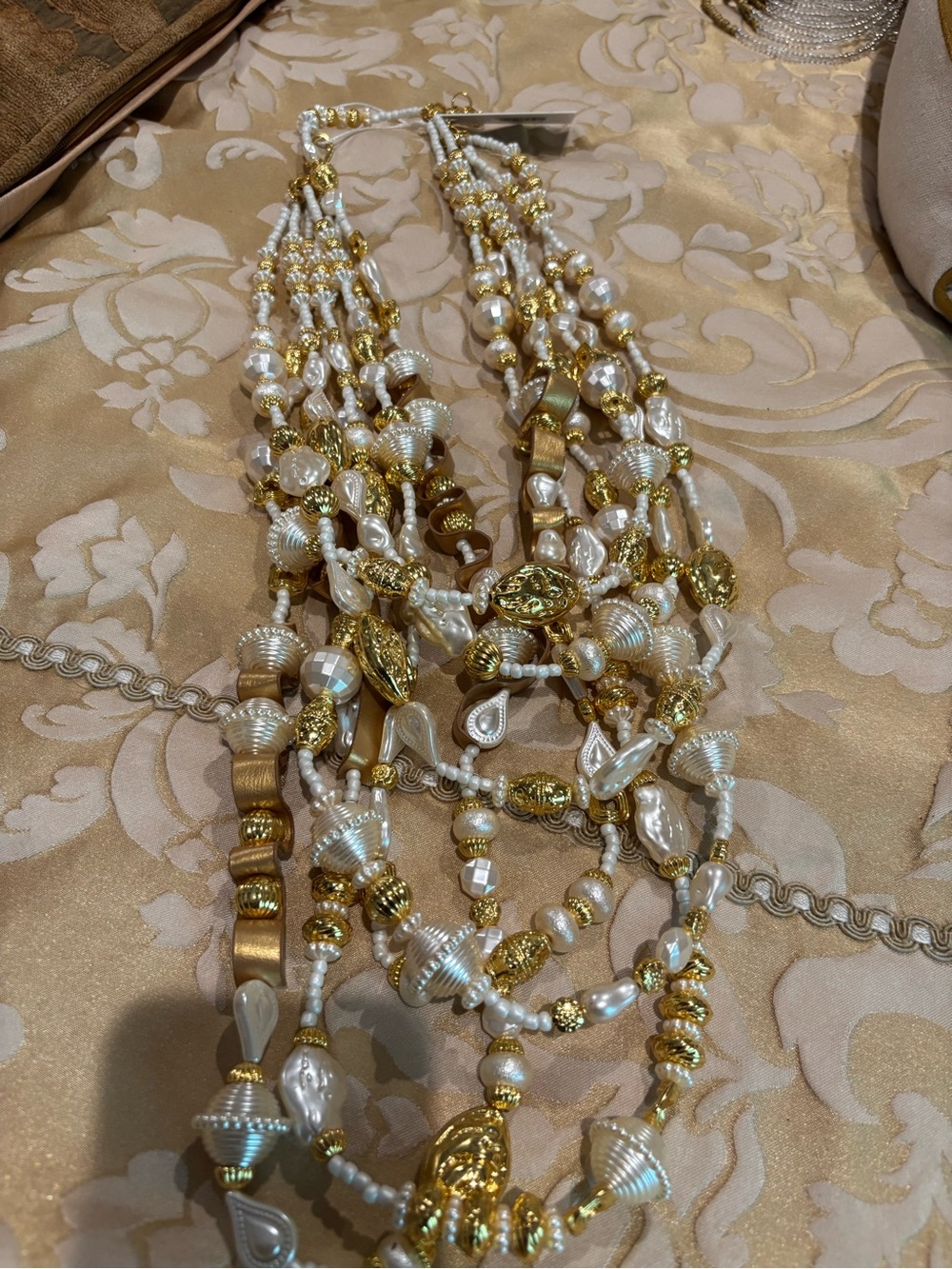 Sassy Jones Gold and White Multi-Strand Pearl Statement Necklace New
